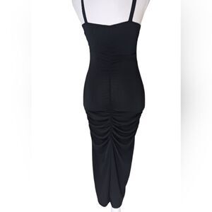Black Bodycon Ruched Midi Dress Sleeveless w/Spaghetti Straps Front Slit Small